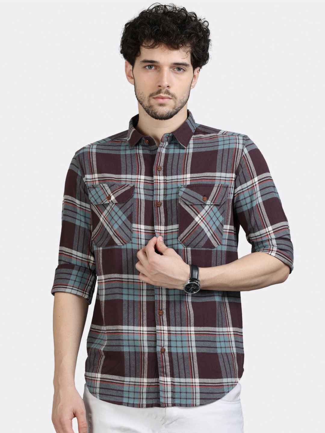 

BADMAASH Slim Fit Checked Cotton Casual Shirt, Brown