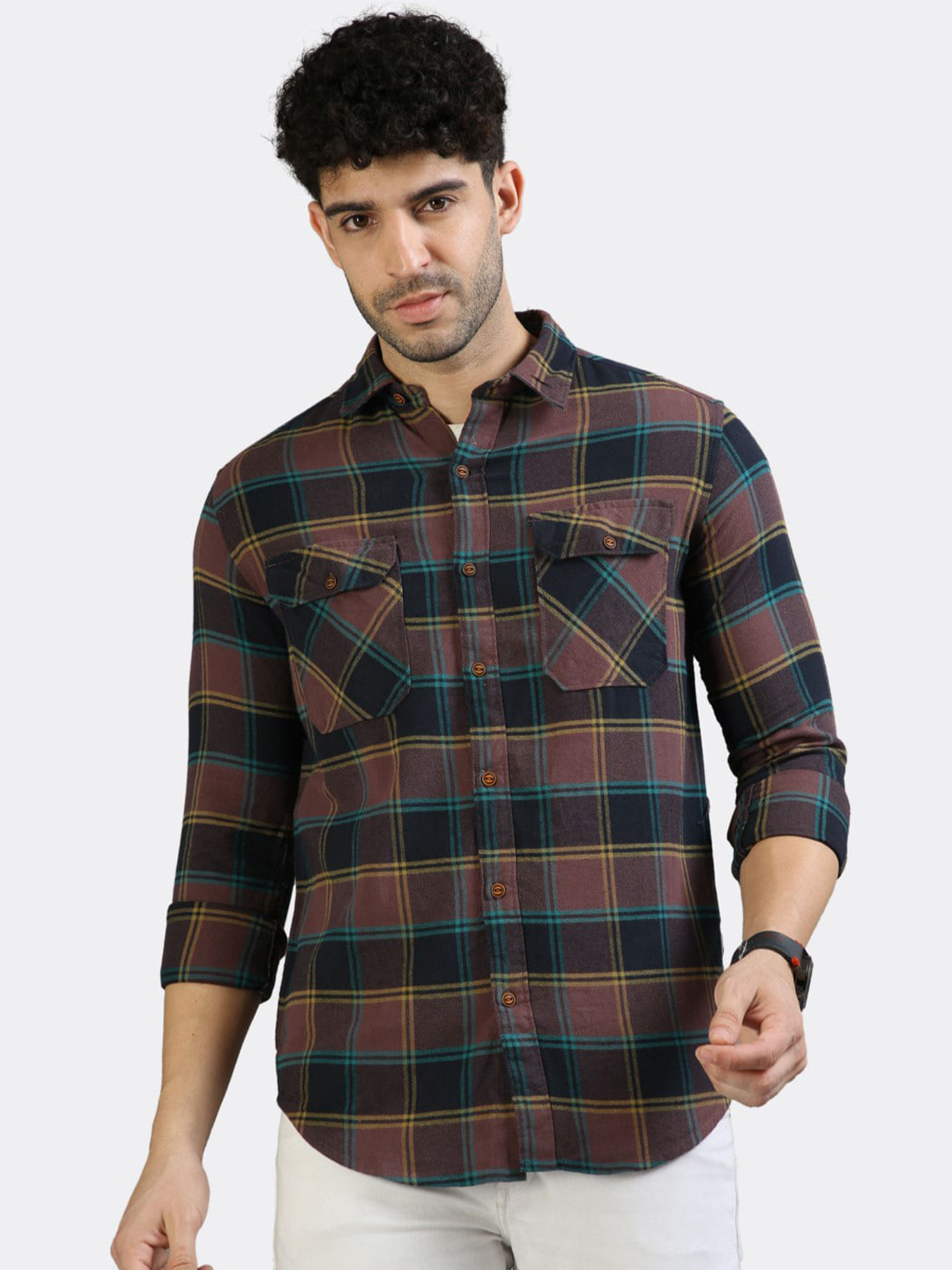 

BADMAASH Checked Slim Fit Pure Cotton Casual Shirt, Brown