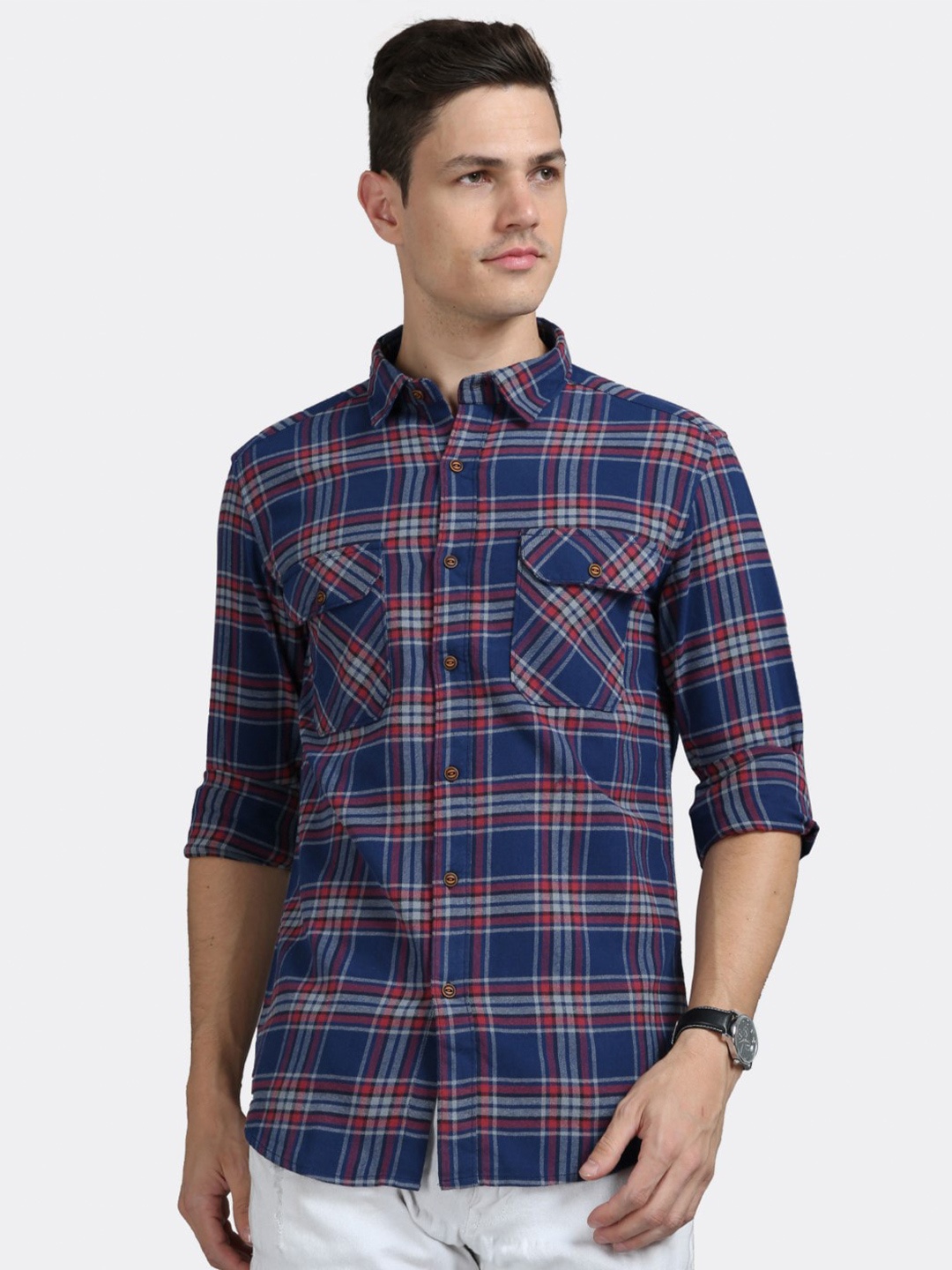 

BADMAASH Slim Fit Tartan Checked Pure Cotton Casual Shirt, Navy blue