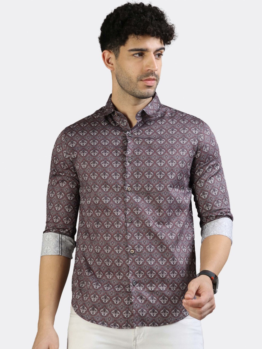 

BADMAASH Slim Fit Floral Printed Spread Collar Long Sleeve Cotton Casual Shirt, Maroon