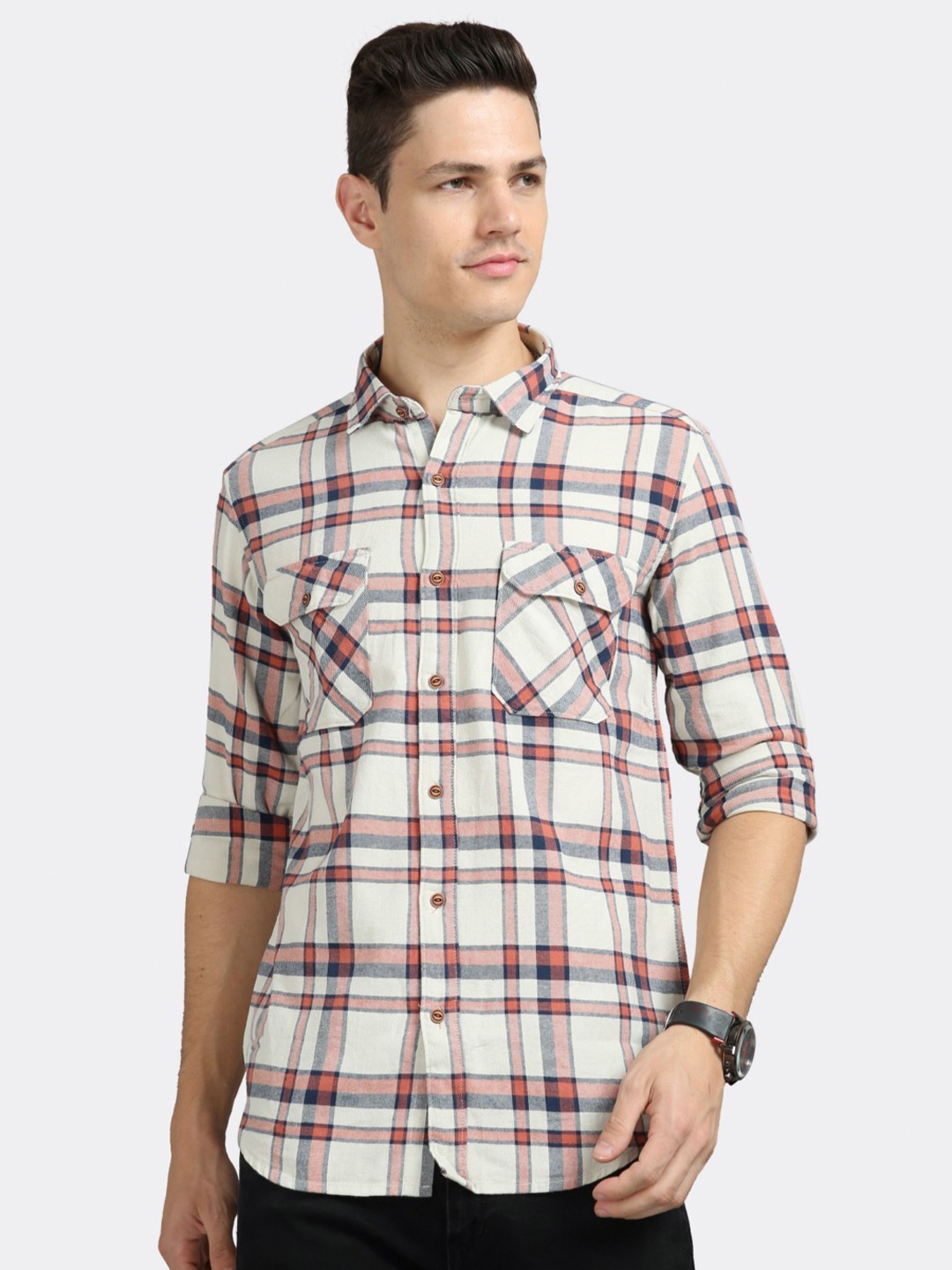 

BADMAASH Slim Fit Tartan Checked Pure Cotton Casual Shirt, Off white