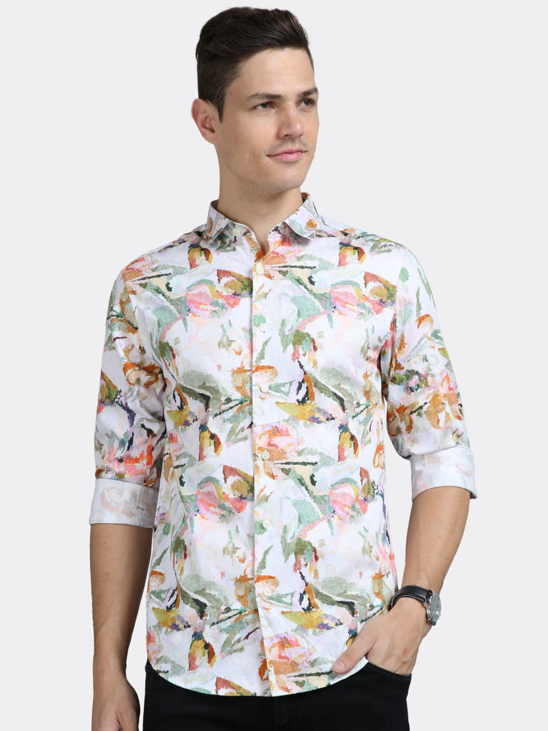 

BADMAASH Slim Fit Abstract Printed Spread Collar Long Sleeve Cotton Casual Shirt, White