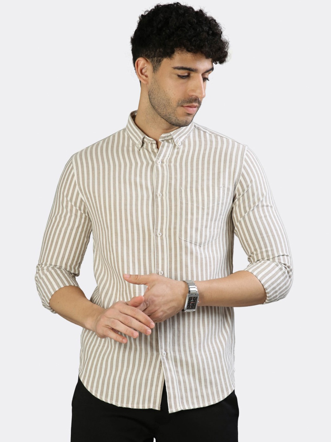

BADMAASH Slim Fit Vertical Stripes Button-Down Collar Cotton Casual Shirt, Brown