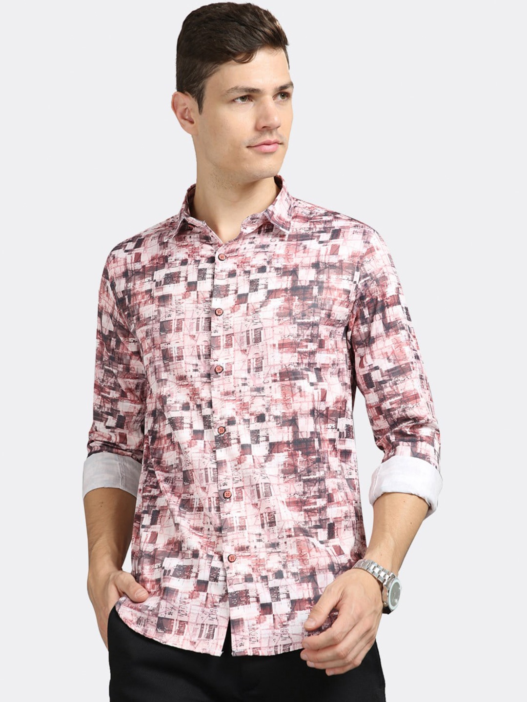 

BADMAASH Slim Fit Abstract Printed Pure Cotton Casual Shirt, Red