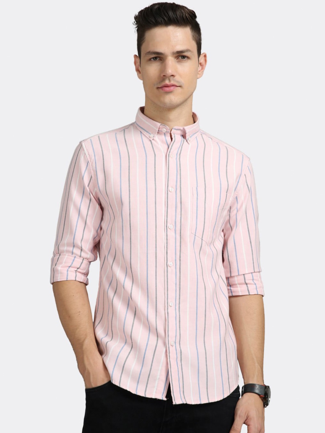 

BADMAASH Slim Fit Vertical Stripes Button-Down Collar Cotton Casual Shirt, Pink