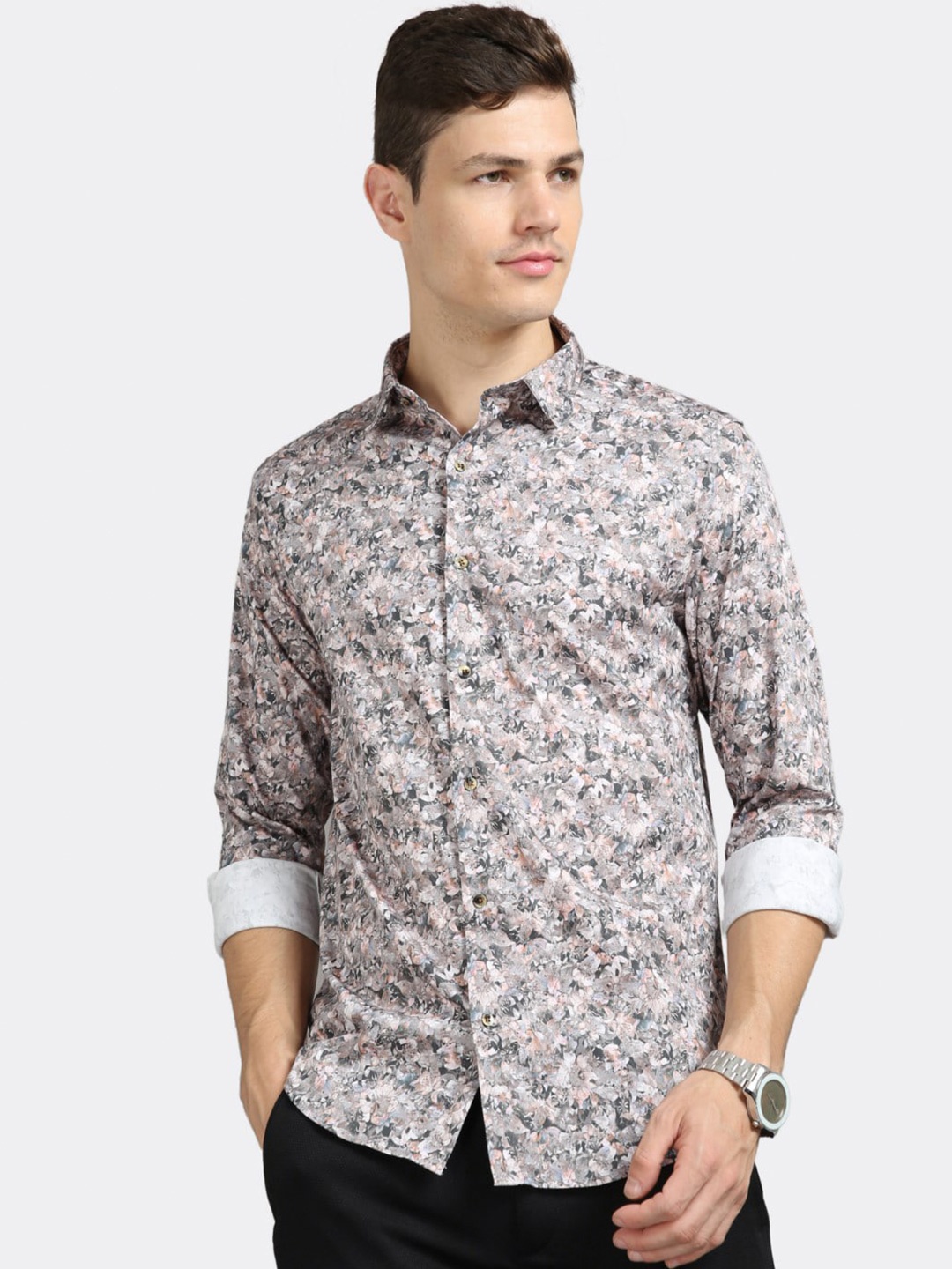 

BADMAASH Slim Fit Floral Printed Pure Cotton Casual Shirt, Grey