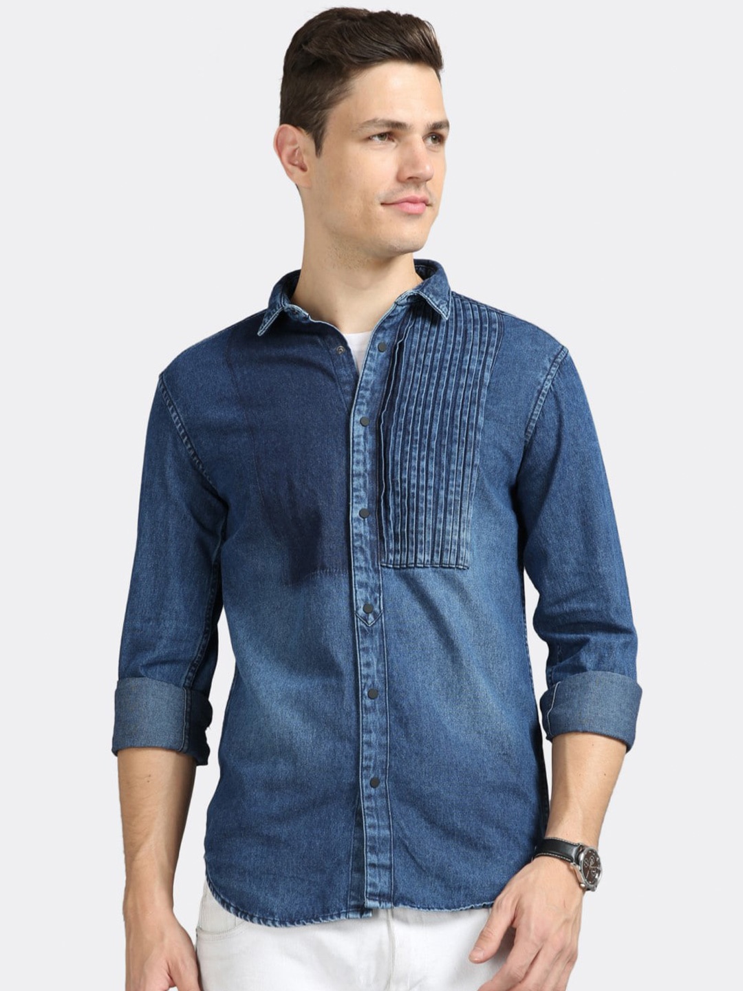 

BADMAASH Slim Fit Faded Pure Cotton Casual Shirt, Blue