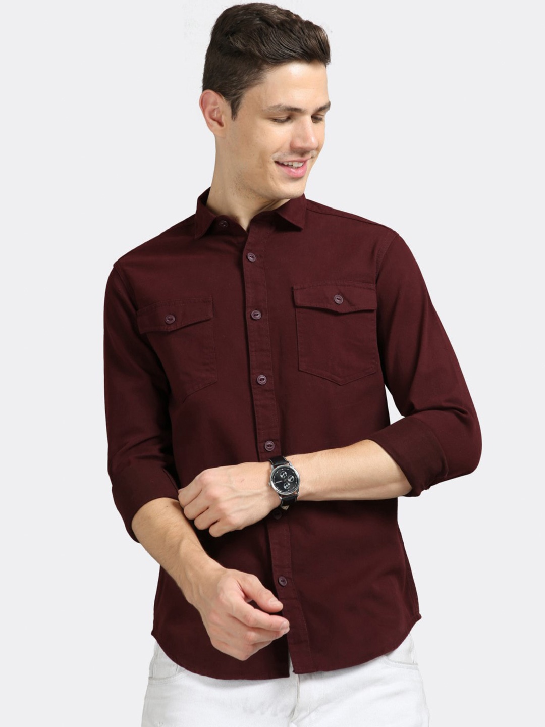 

BADMAASH Slim Fit Opaque Cotton Casual Shirt, Maroon