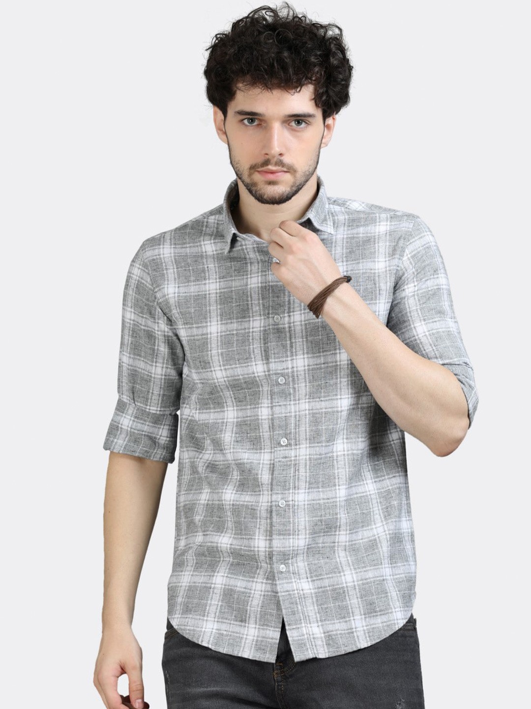 

BADMAASH Slim Fit Checked Spread Collar Long Sleeves Casual Shirt, Grey