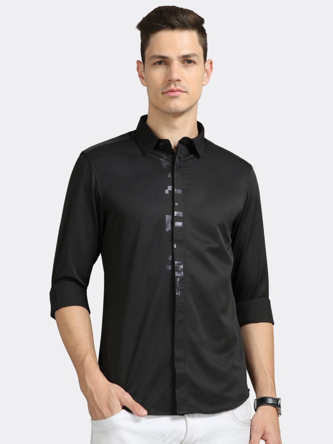 

BADMAASH Slim Fit Graphic Printed Pure Cotton Casual Shirt, Black