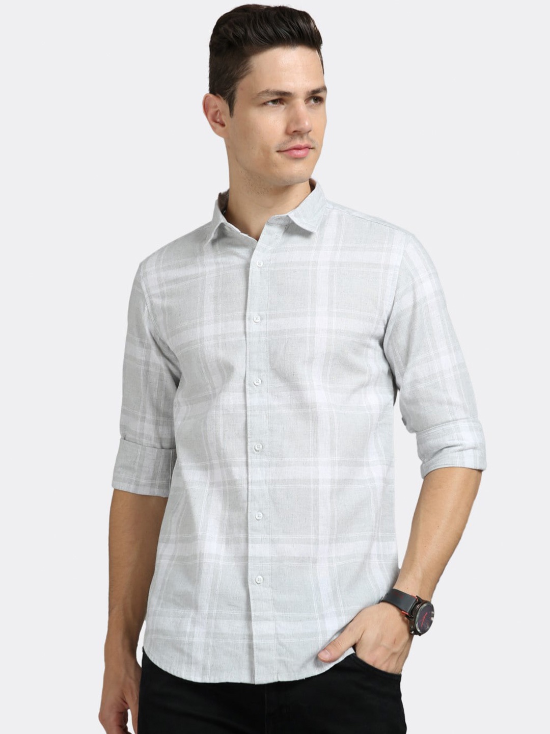 

BADMAASH Checked Slim Fit Linen Cotton Casual Shirt, Grey