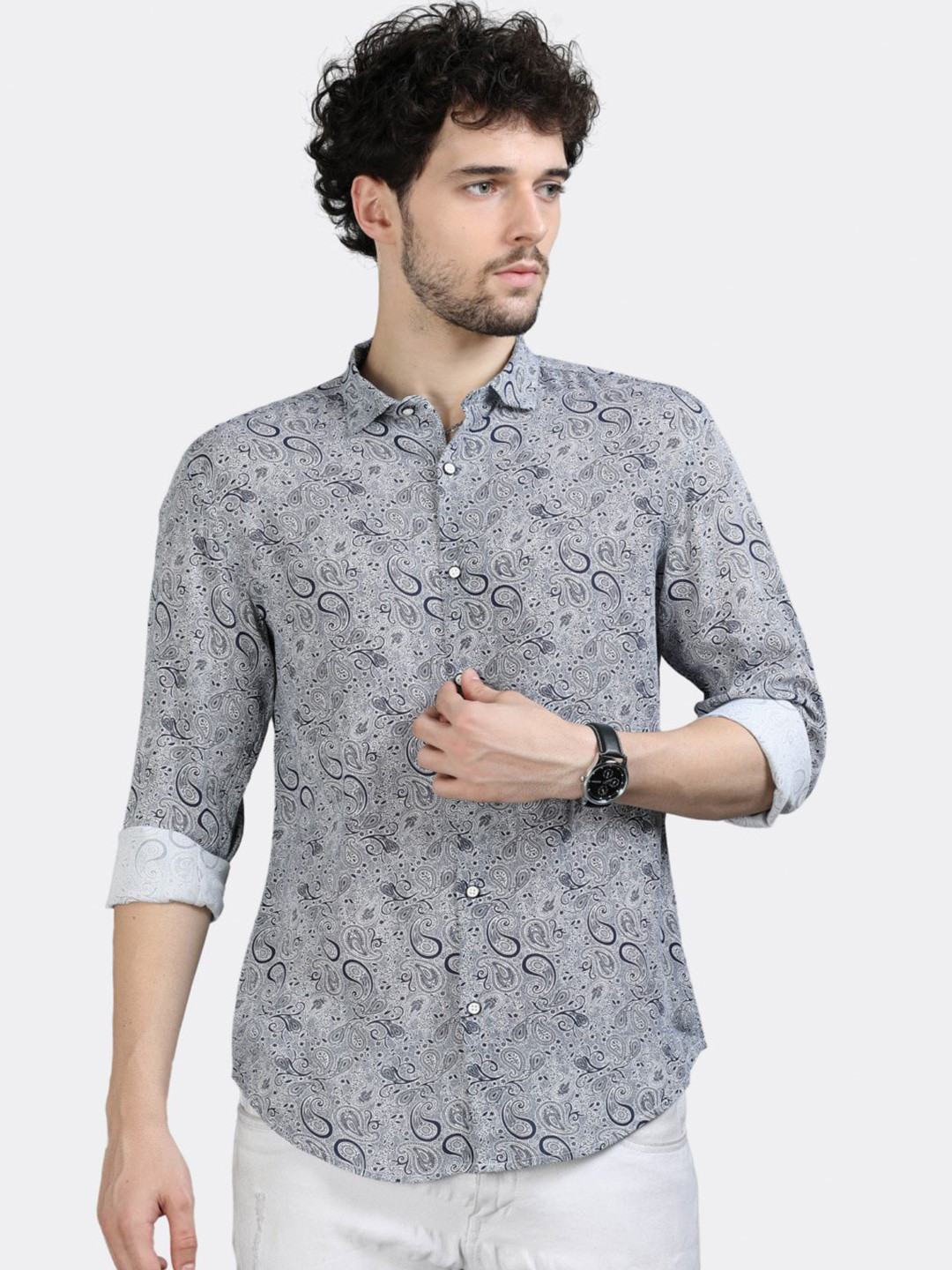 

BADMAASH Slim Fit Ethnic Motifs Printed Casual Shirt, Navy blue