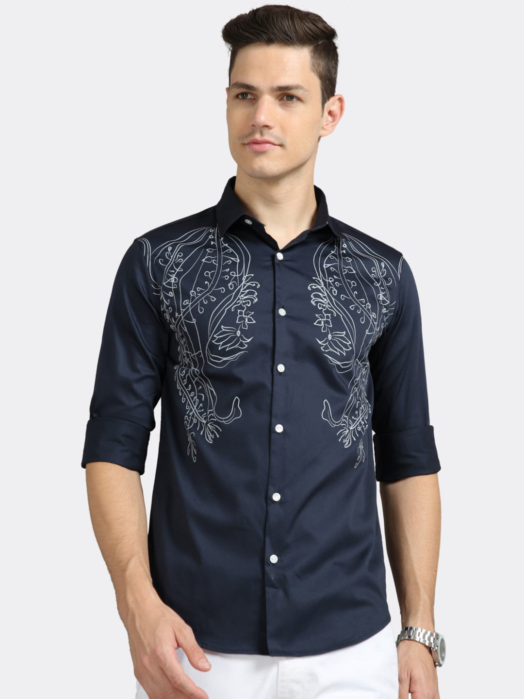 

BADMAASH Slim Fit Floral Printed Pure Cotton Casual Shirt, Navy blue