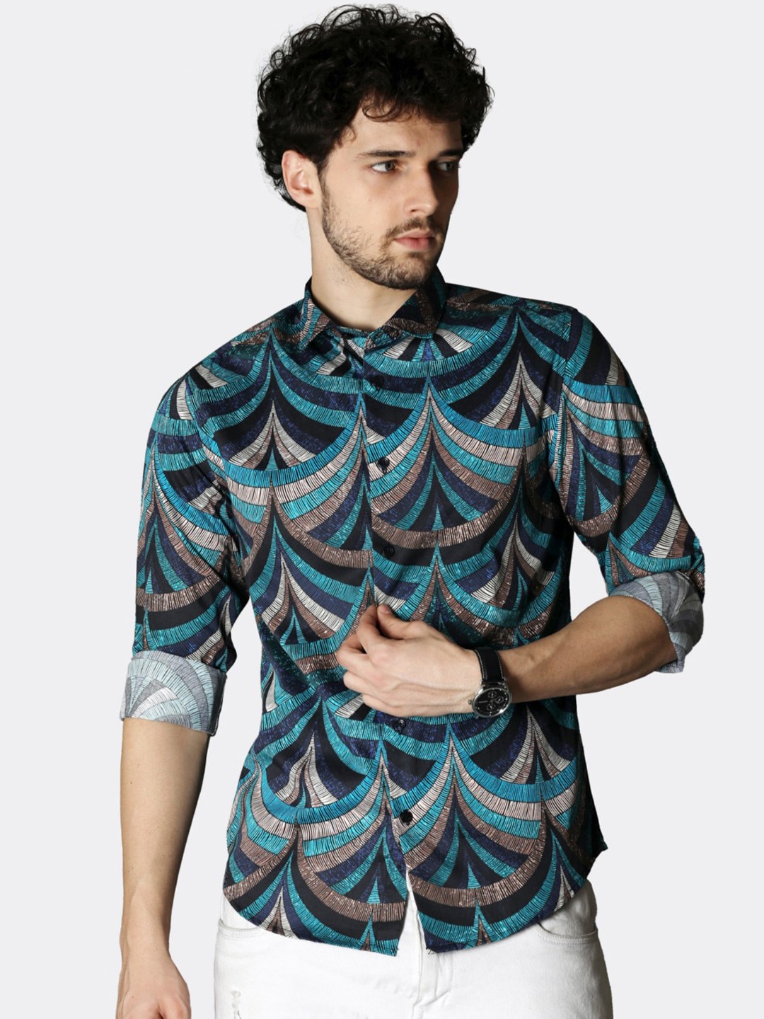 

BADMAASH Slim Fit Abstract Printed Cotton Casual Shirt, Blue