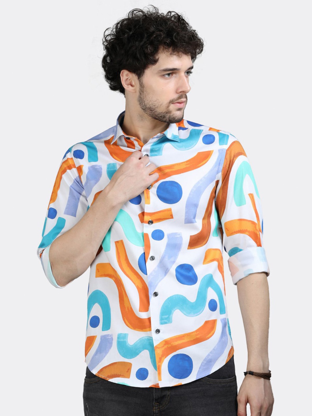 

BADMAASH Slim Fit Geometric Printed Pure Cotton Casual Shirt, White