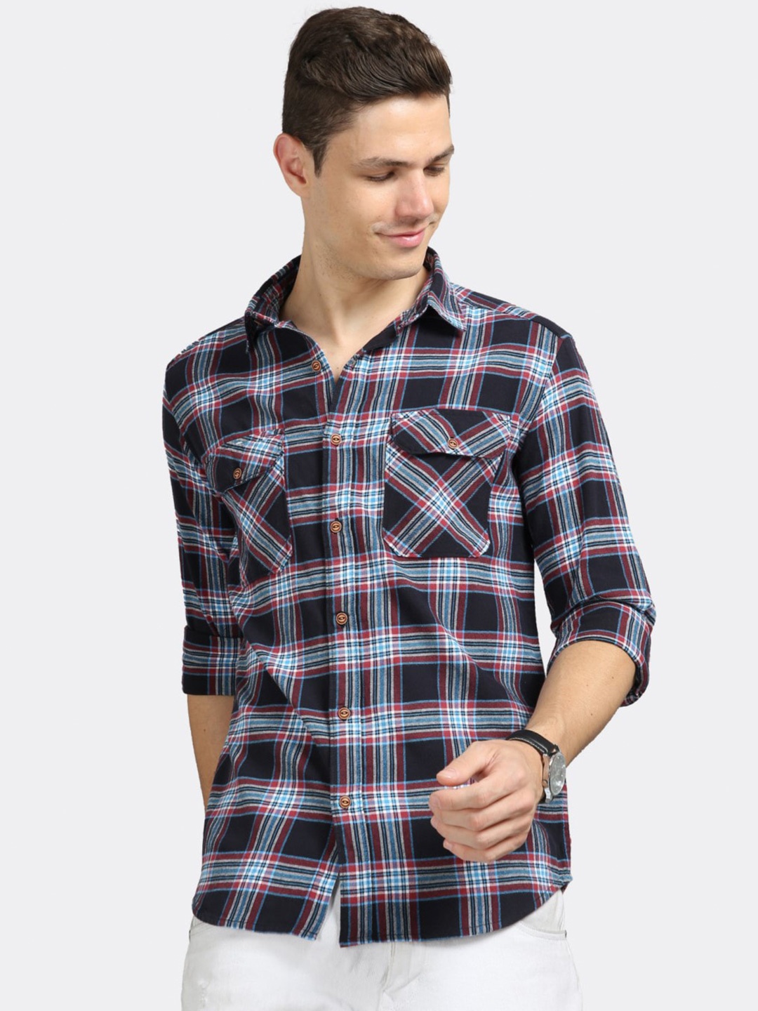 

BADMAASH Slim Fit Tartan Checked Pure Cotton Casual Shirt, Black