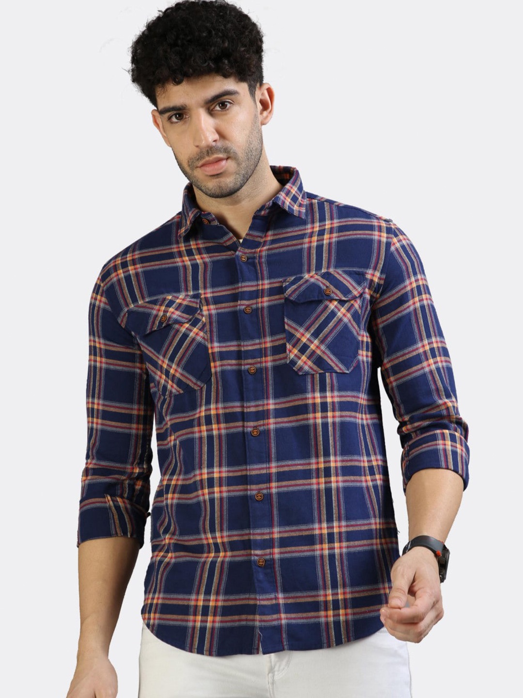 

BADMAASH Slim Fit Tartan Checked Pure Cotton Casual Shirt, Navy blue