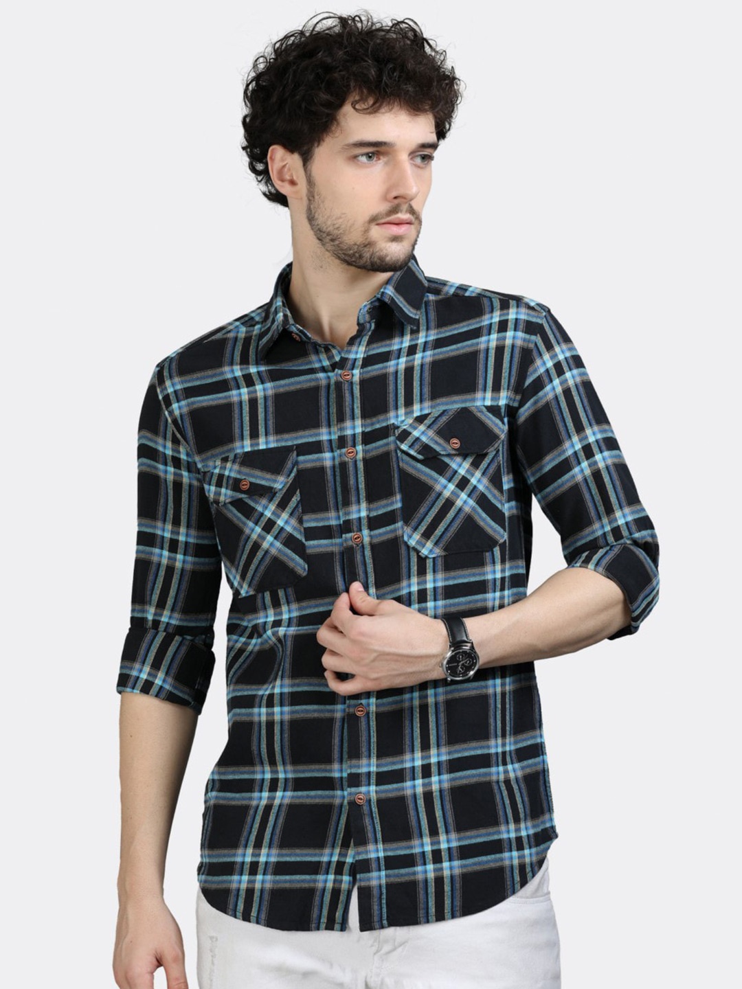 

BADMAASH Slim Fit Tartan Checked Pure Cotton Casual Shirt, Black