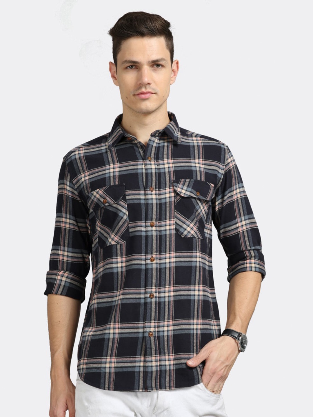 

BADMAASH Tartan Checked Slim Fit Opaque Cotton Casual Shirt, Black