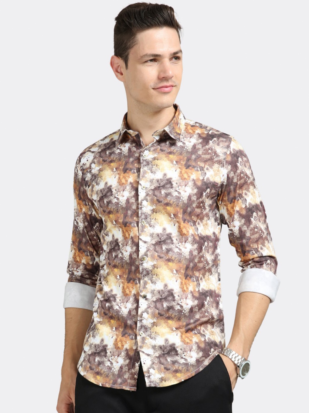 

BADMAASH Slim Fit Abstract Printed Casual Shirt, Yellow