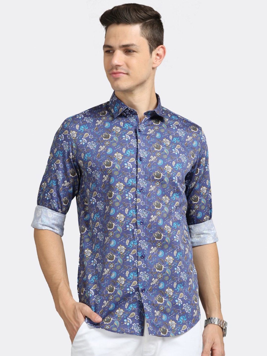 

BADMAASH Floral Printed Slim Fit Opaque Pure Cotton Casual Shirt, Blue