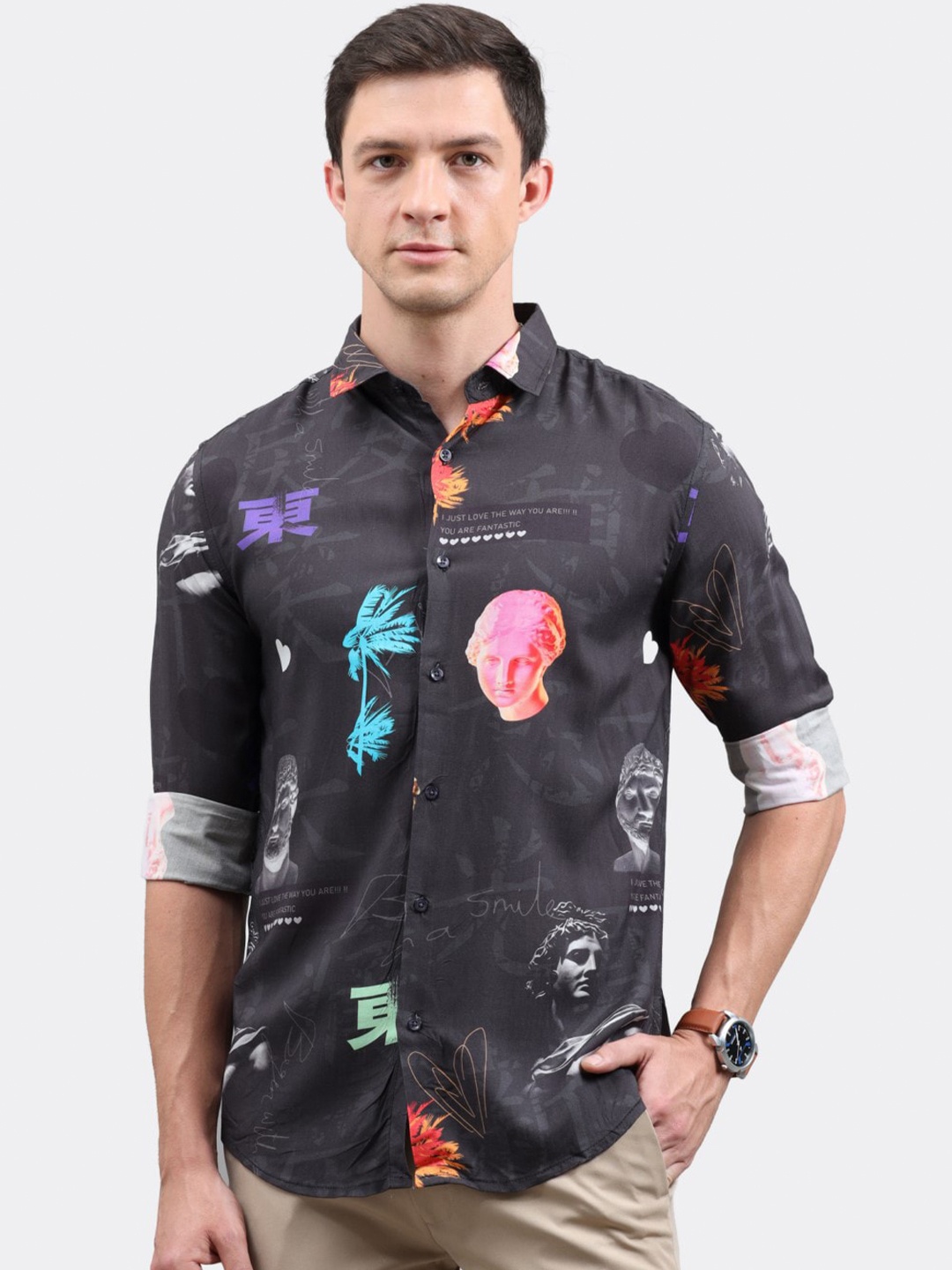 

BADMAASH Slim Fit Graphic Printed Casual Shirt, Black