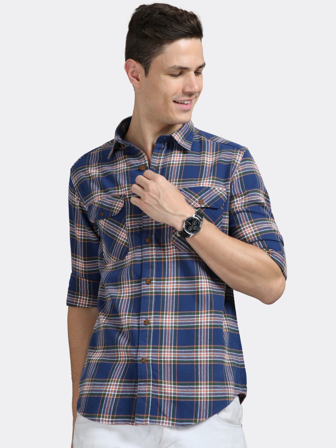

BADMAASH Slim Fit Tartan Checked Spread Collar Chest Pocket Cotton Casual Shirt, Blue