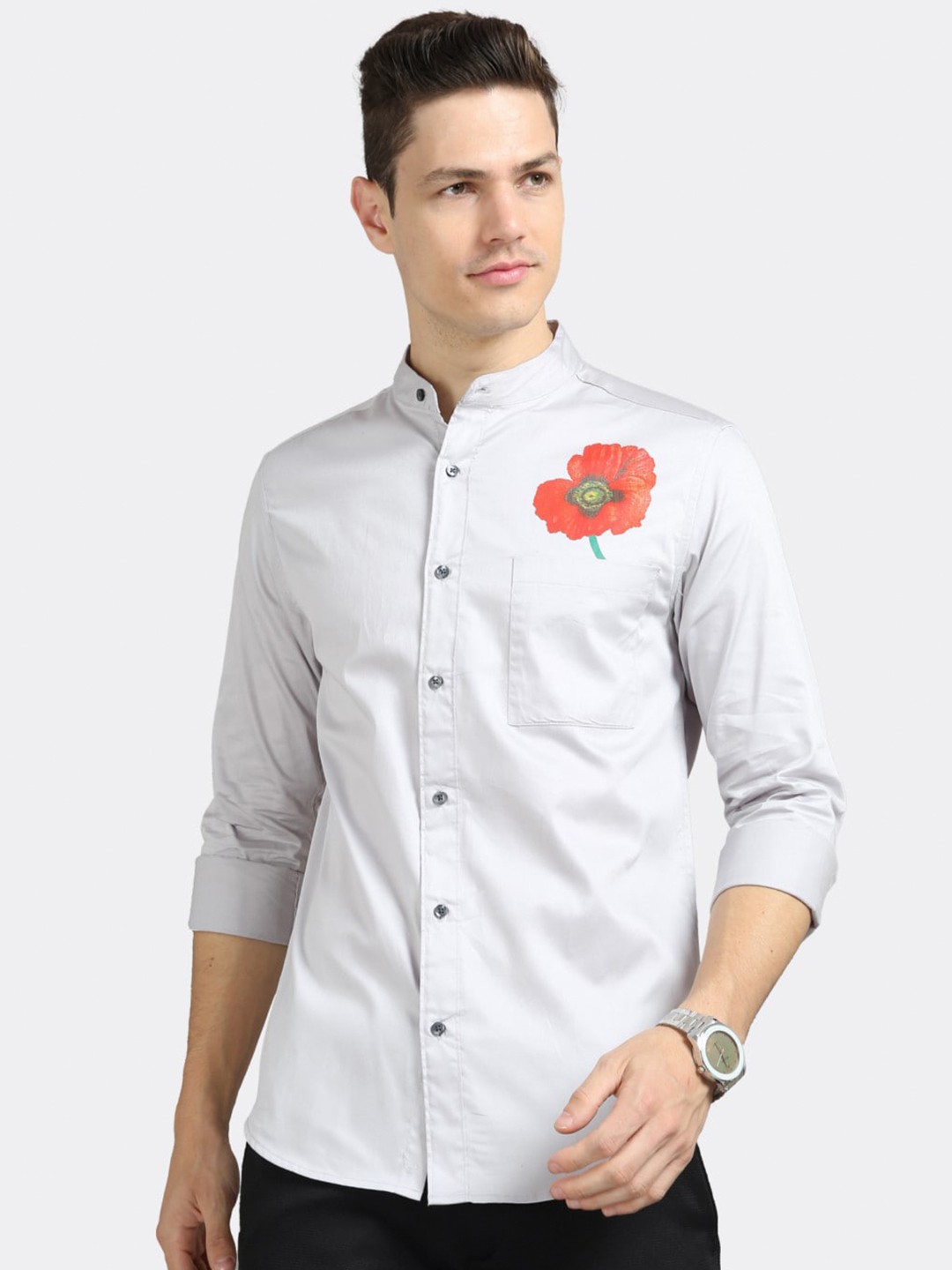 

BADMAASH Graphic Printed Mandarin Collar Slim Fit Opaque Cotton Casual Shirt, Grey