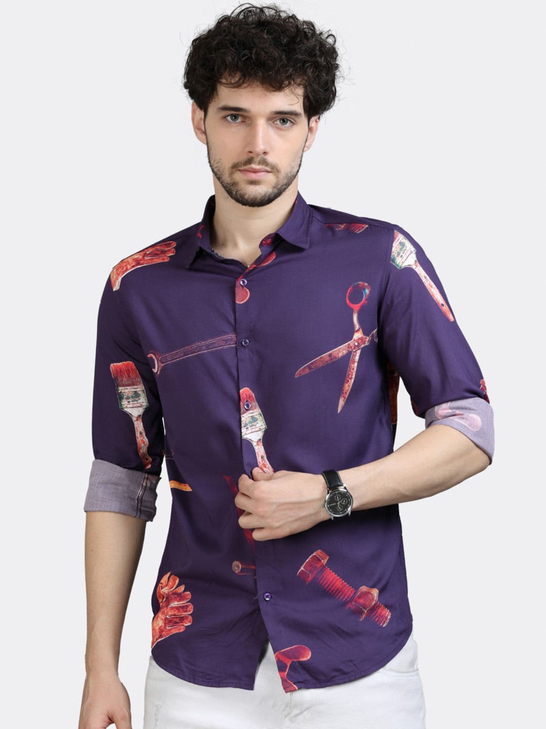 

BADMAASH Conversational Printed Slim Fit Opaque Casual Shirt, Purple