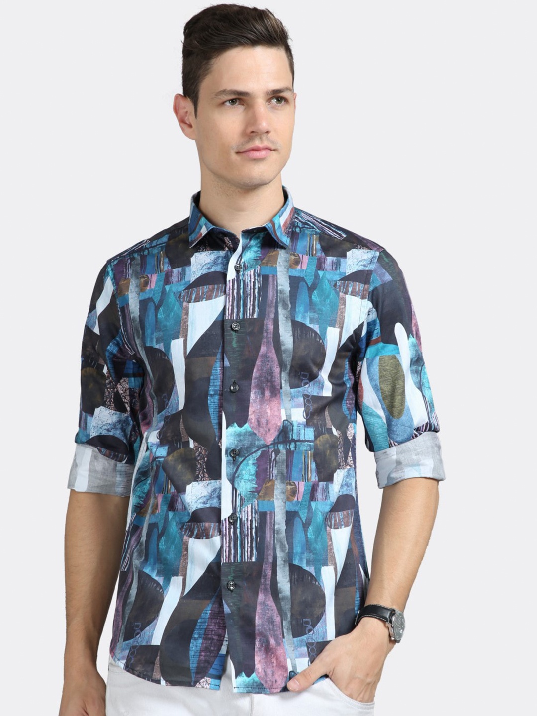 

BADMAASH Slim Fit Abstract Printed Pure Cotton Casual Shirt, Black