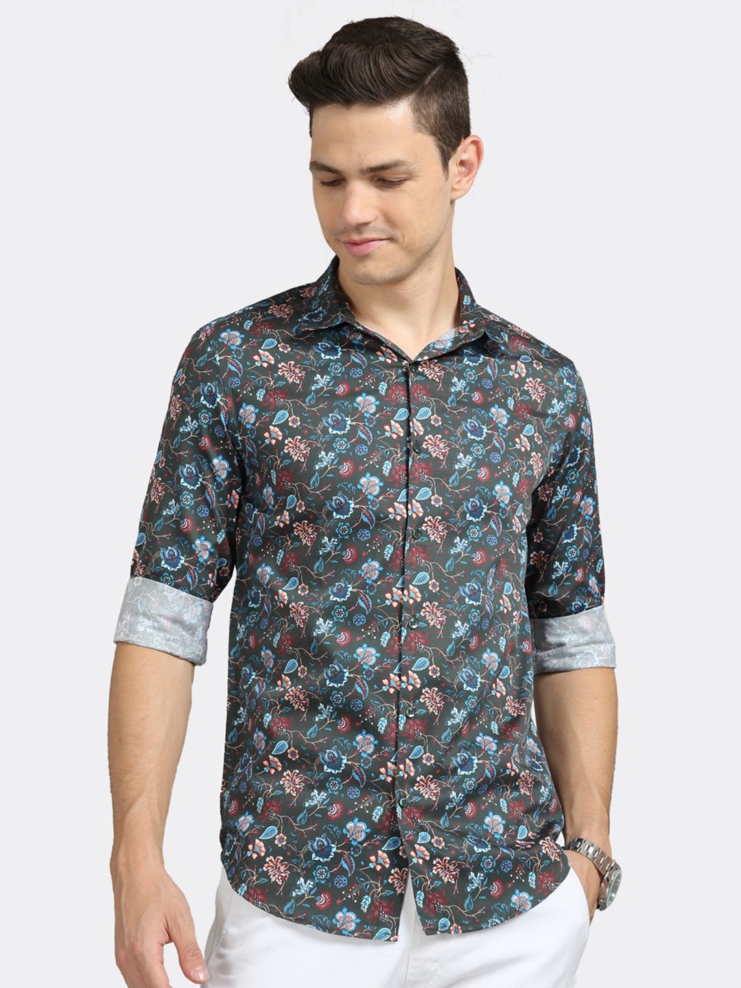 

BADMAASH Slim Fit Floral Printed Pure Cotton Casual Shirt, Green