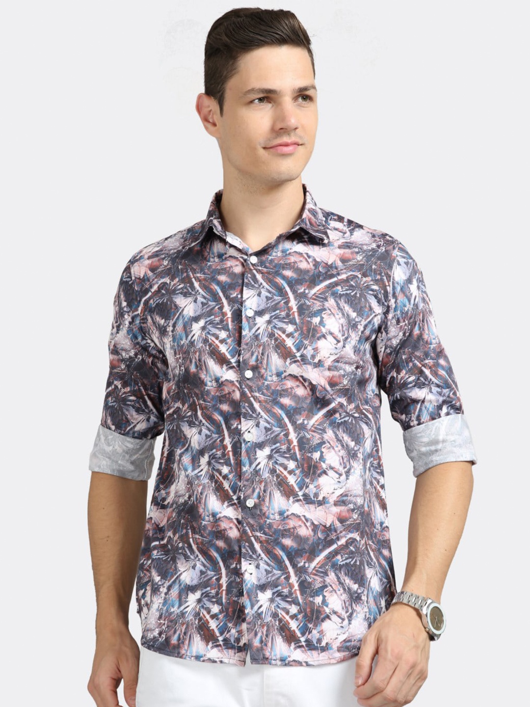 

BADMAASH Abstract Printed Slim Fit Opaque Pure Cotton Casual Shirt, Navy blue