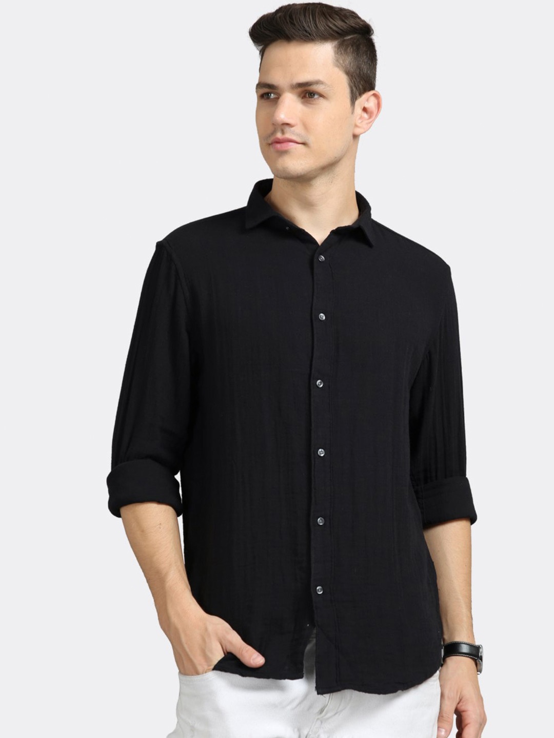 

BADMAASH Spread Collar Slim Fit Opaque Cotton Casual Shirt, Black