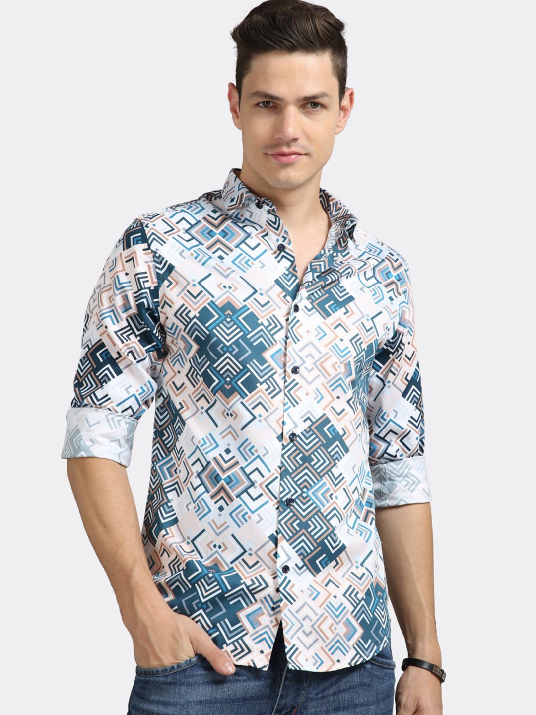 

BADMAASH Slim Fit Geometric Printed Pure Cotton Casual Shirt, Grey