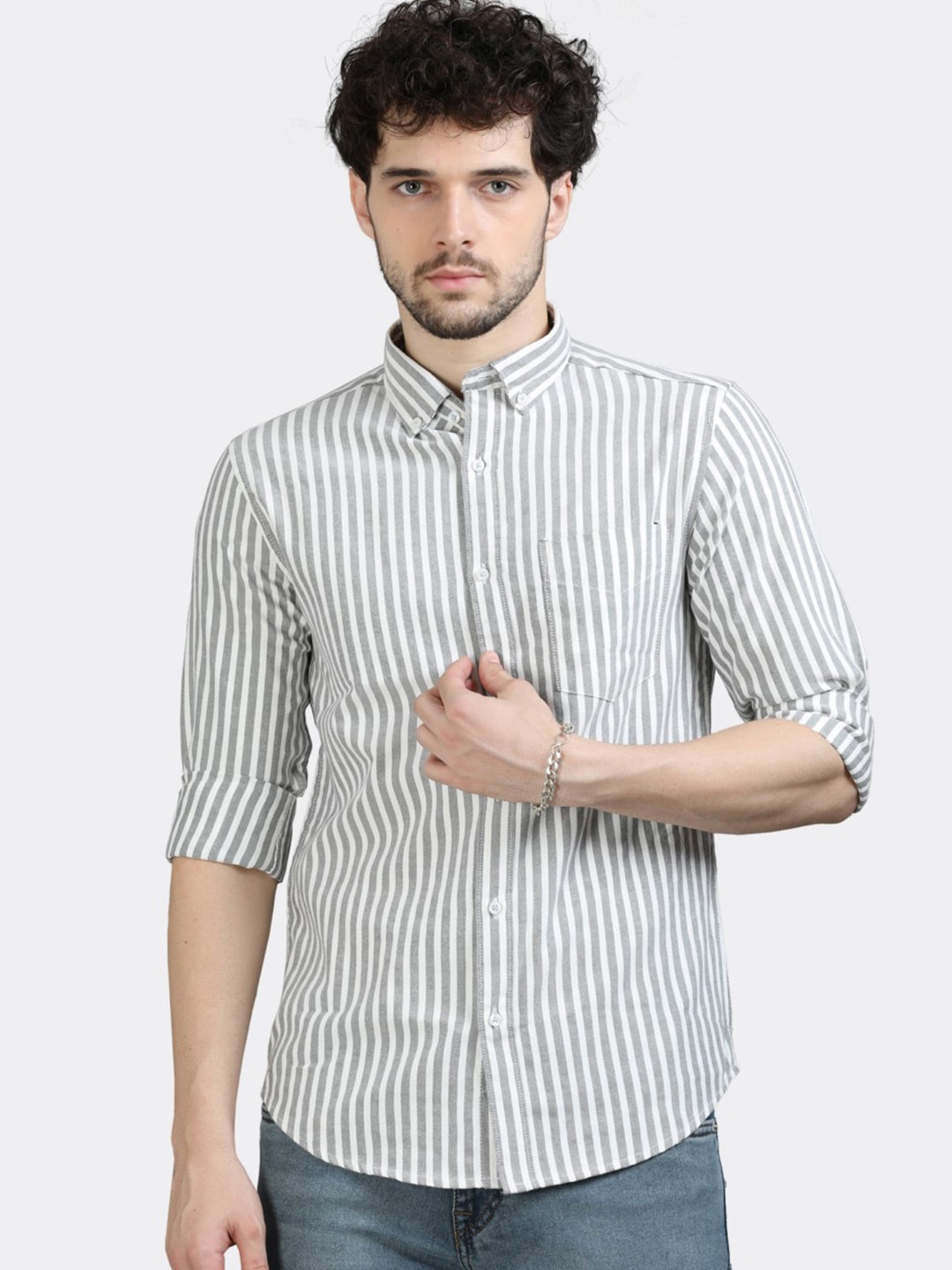 

BADMAASH Slim Fit Vertical Pure Cotton Striped Pure Cotton Casual Shirt, Grey