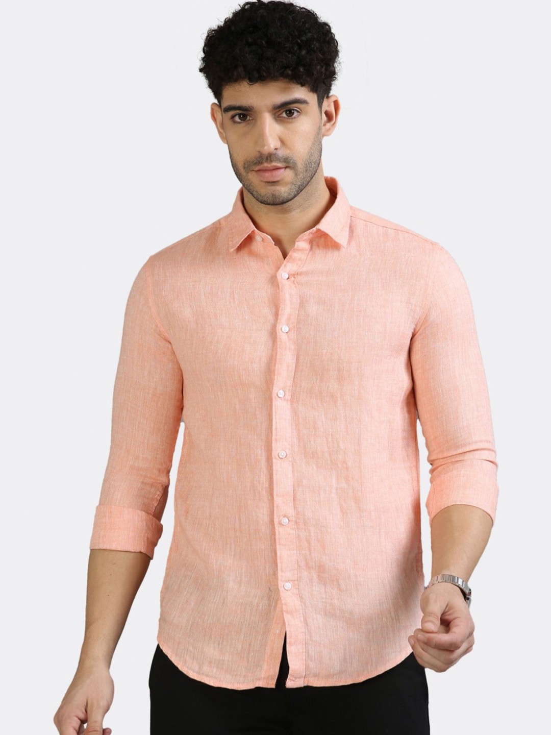 

BADMAASH Spread Collar Slim Fit Opaque Casual Shirt, Peach