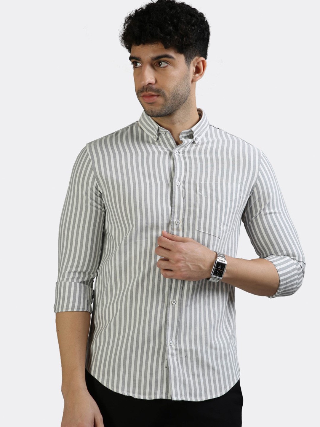 

BADMAASH Slim Fit Vertical Stripes Button-Down Collar Cotton Casual Shirt, Grey
