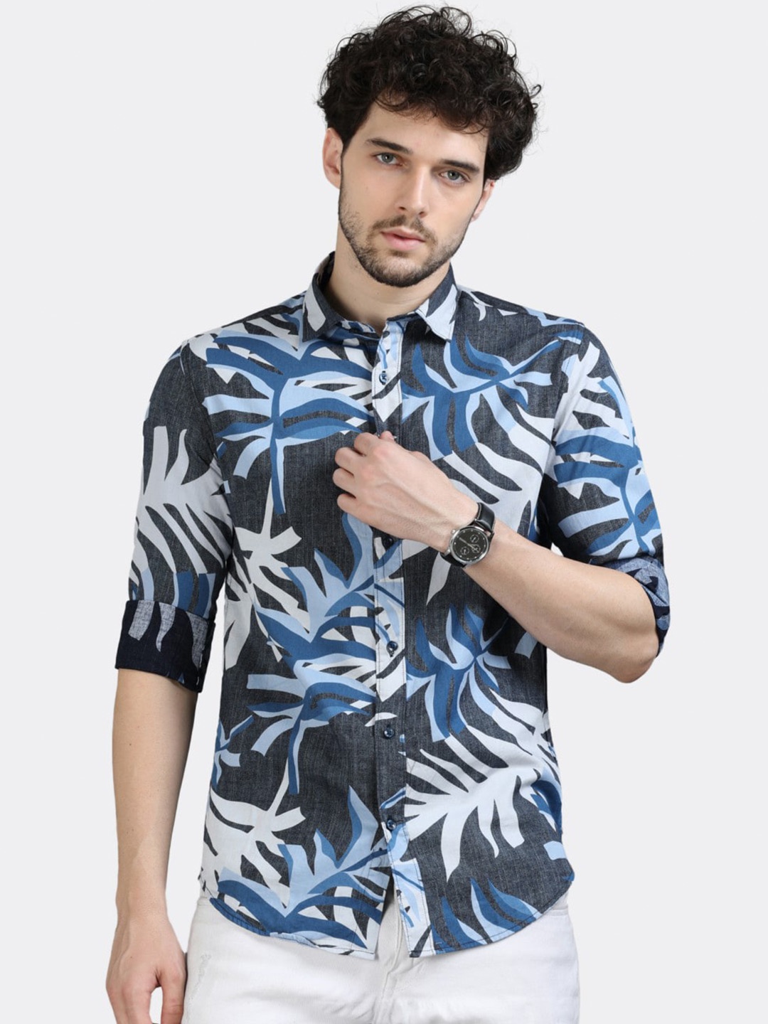 

BADMAASH Slim Fit Tropical Printed Pure Cotton Casual Shirt, Blue