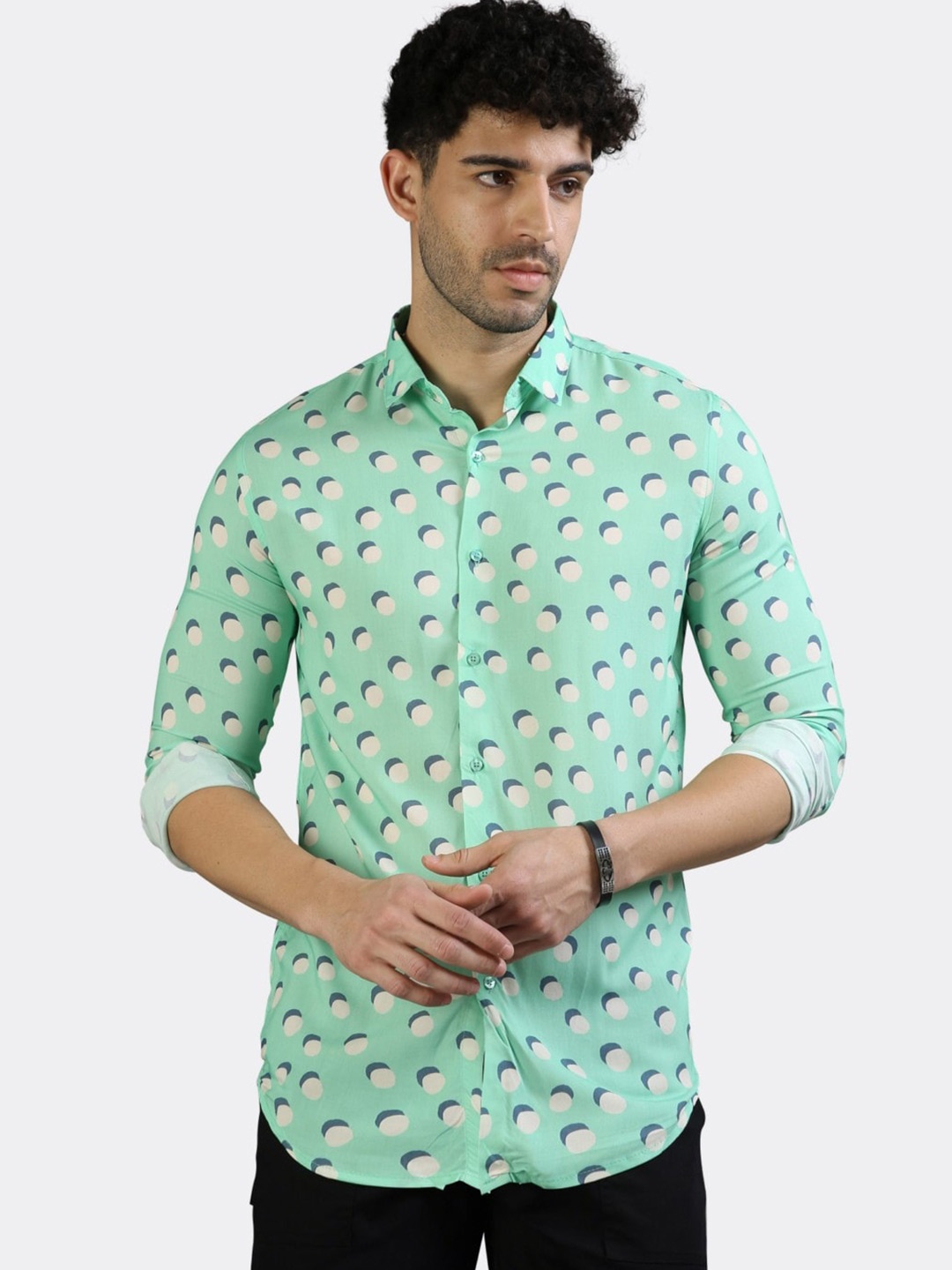 

BADMAASH Slim Fit Geometric Printed Casual Shirt, Green