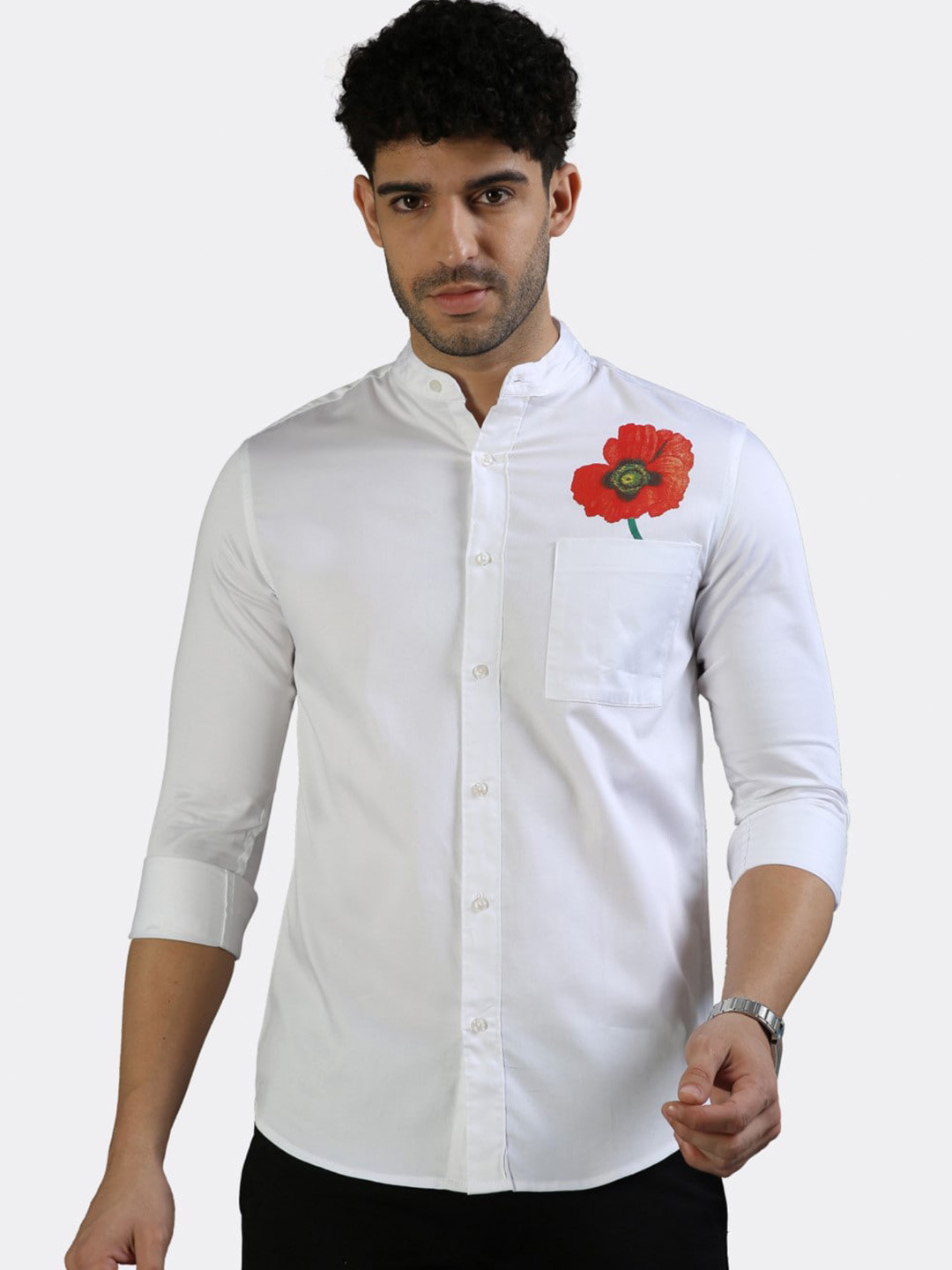 

BADMAASH Slim Fit Band Collar Pure Cotton Casual Shirt, White