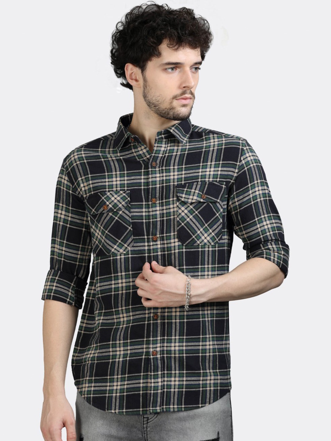 

BADMAASH Tartan Checks Slim Fit Opaque Pure Cotton Casual Shirt, Black