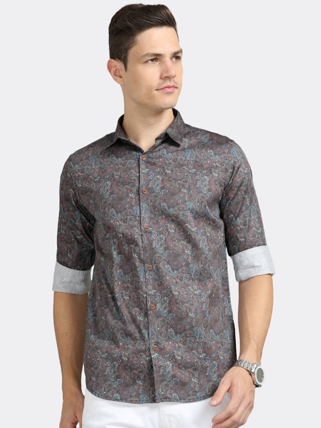 

BADMAASH Paisley Printed Slim Fit Pure Cotton Casual Shirt, Taupe