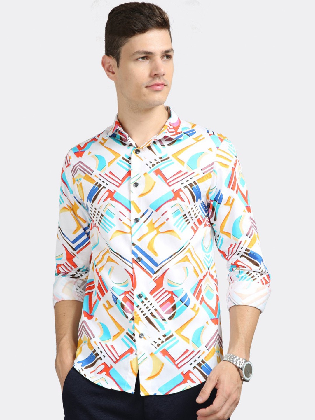 

BADMAASH Slim Fit Abstract Printed Pure Cotton Casual Shirt, White
