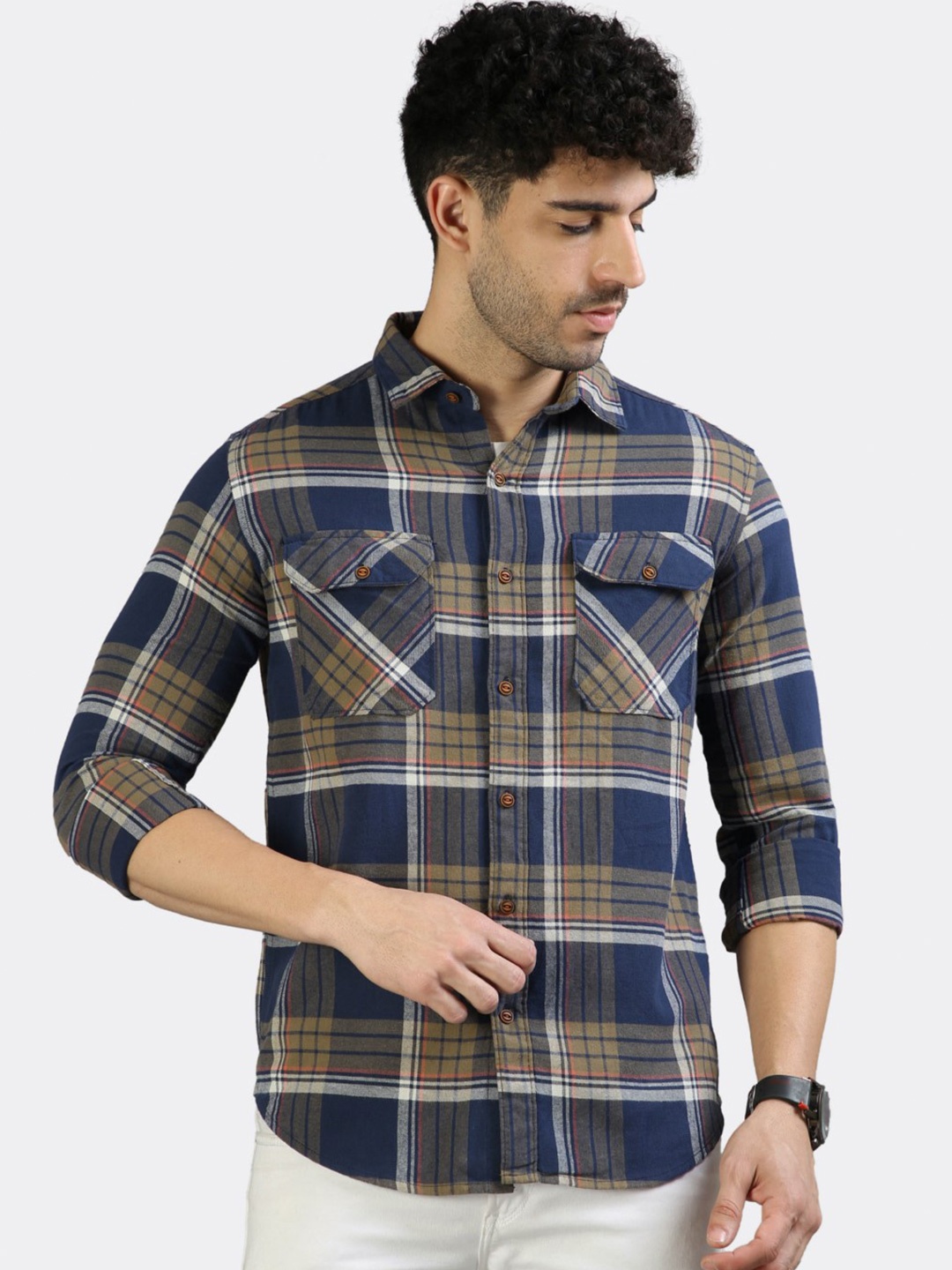 

BADMAASH Slim Fit Tartan Checked Pure Cotton Casual Shirt, Blue