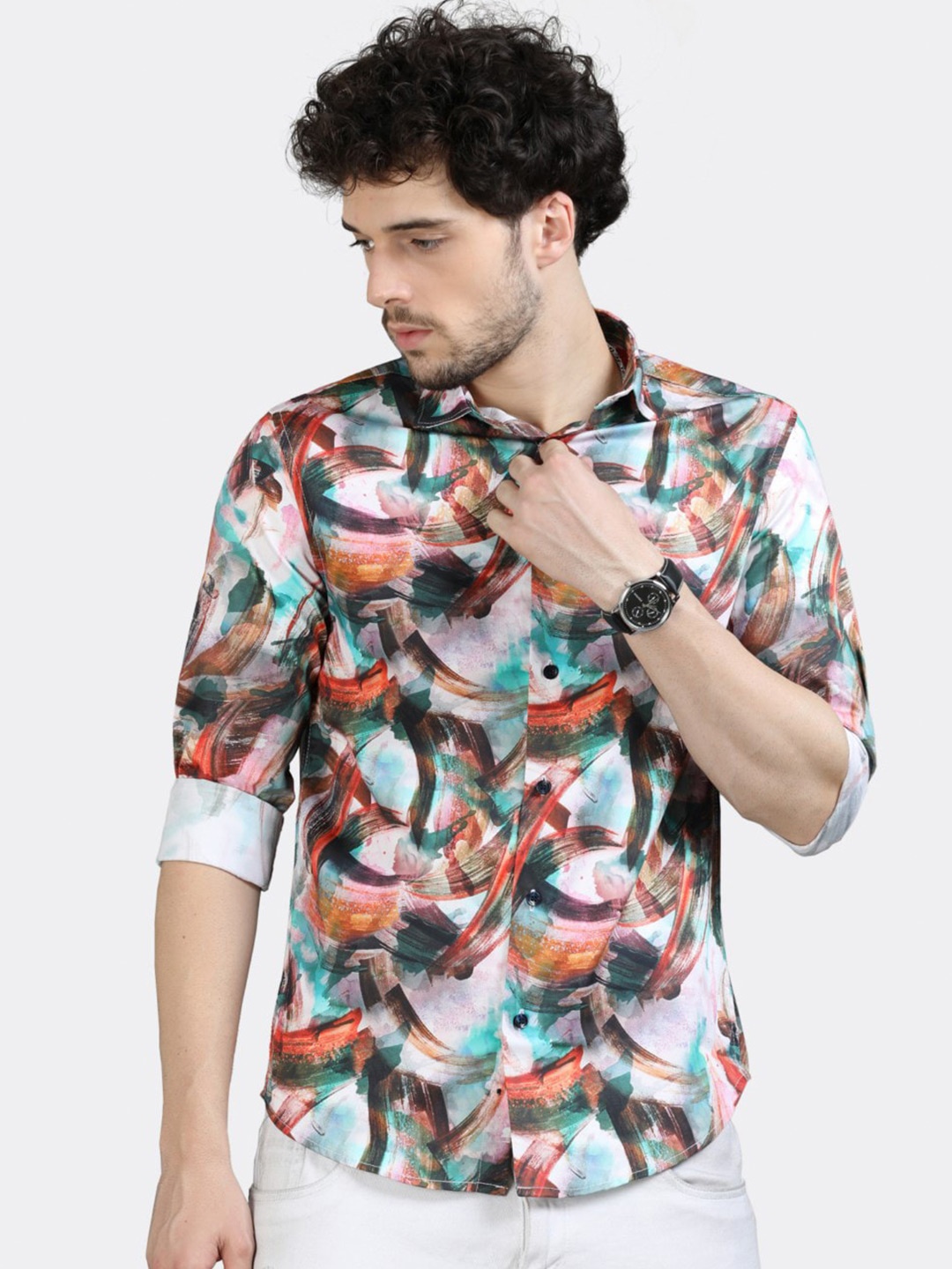 

BADMAASH Slim Fit Abstract Printed Pure Cotton Casual Shirt, Orange