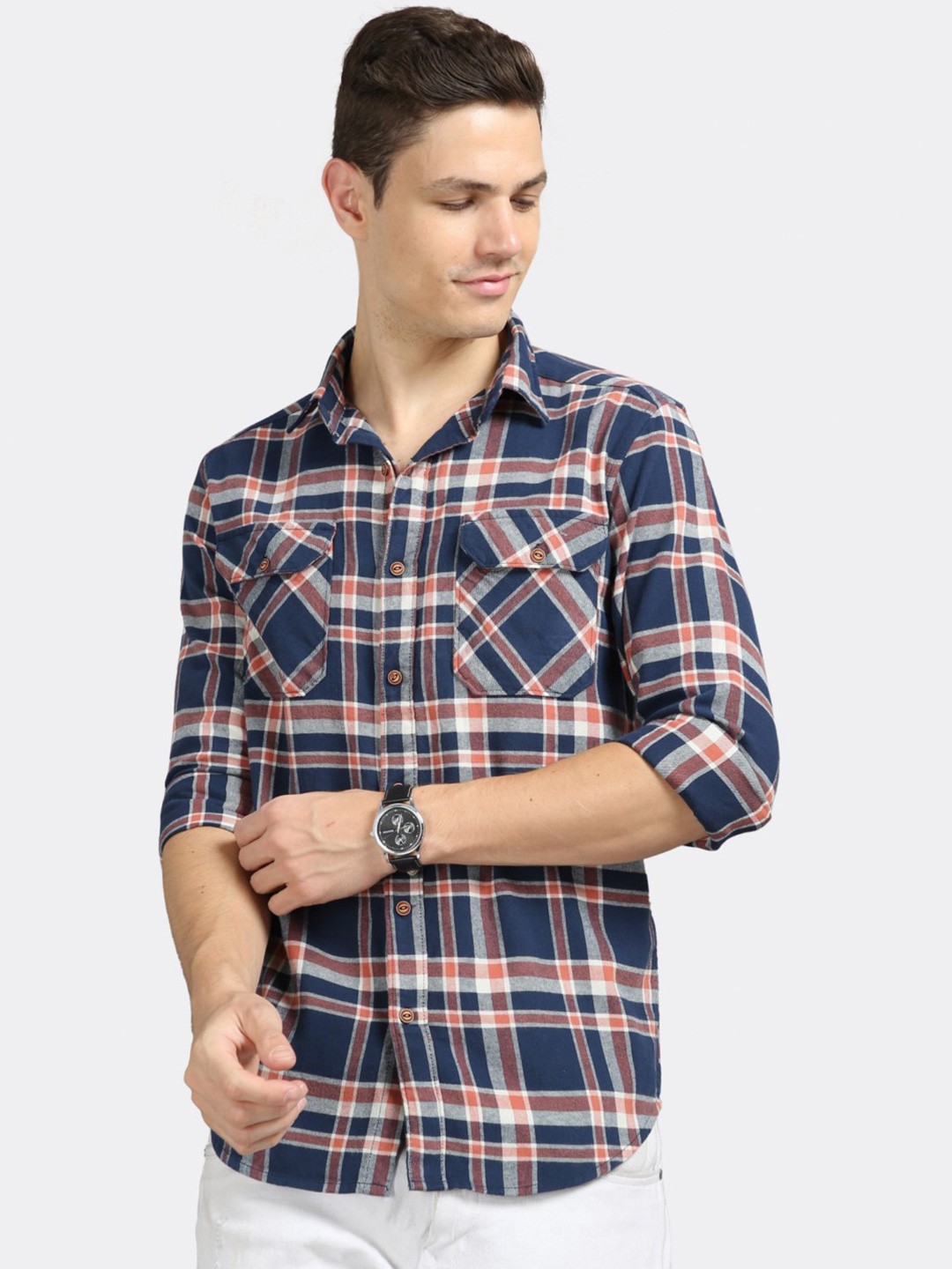 

BADMAASH Tartan Checked Slim Fit Pure Cotton Casual Shirt, Navy blue