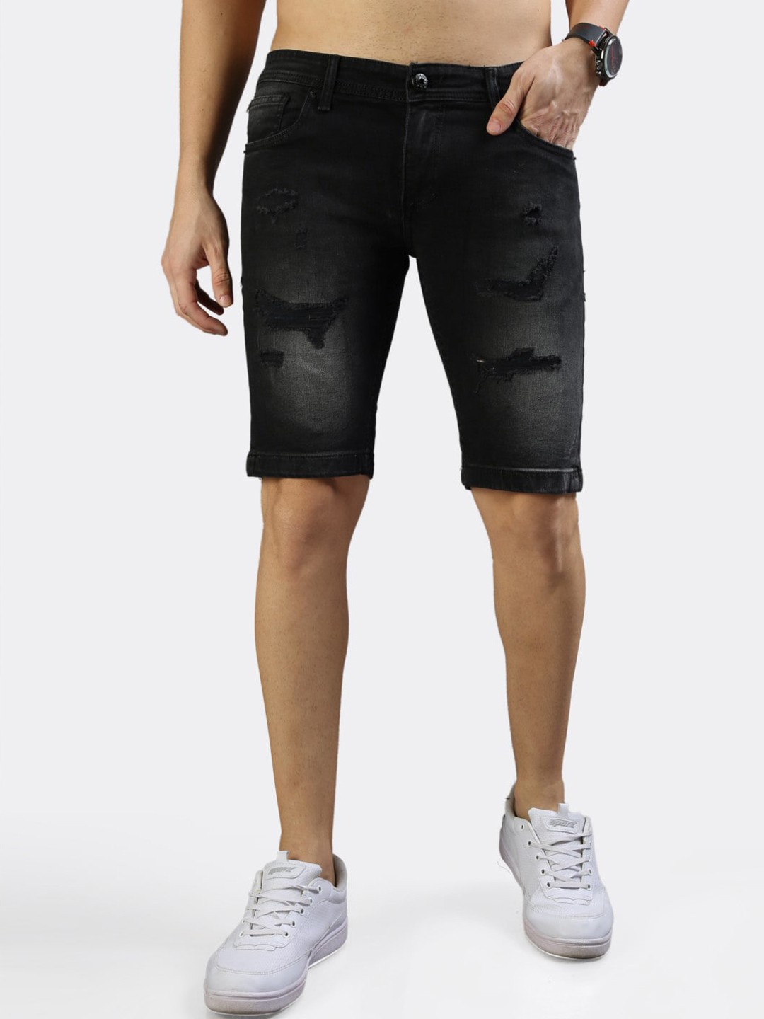 

BADMAASH Men Skinny Fit Washed Distressed Denim Shorts, Black