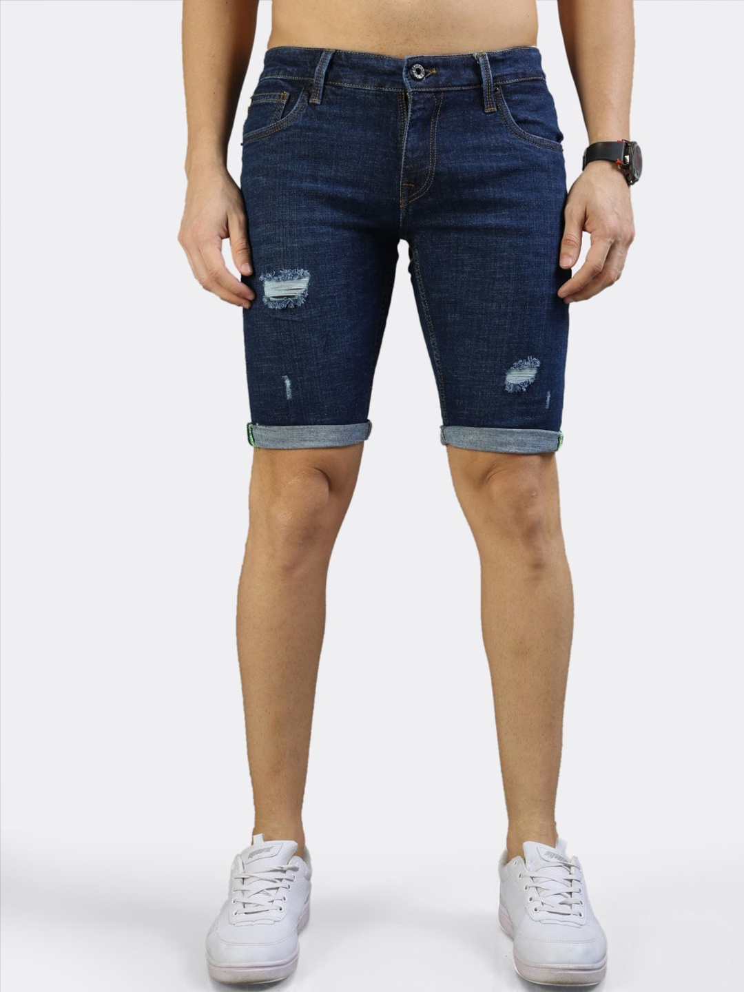 

BADMAASH Men Skinny Fit Washed Distressed Denim Shorts, Blue