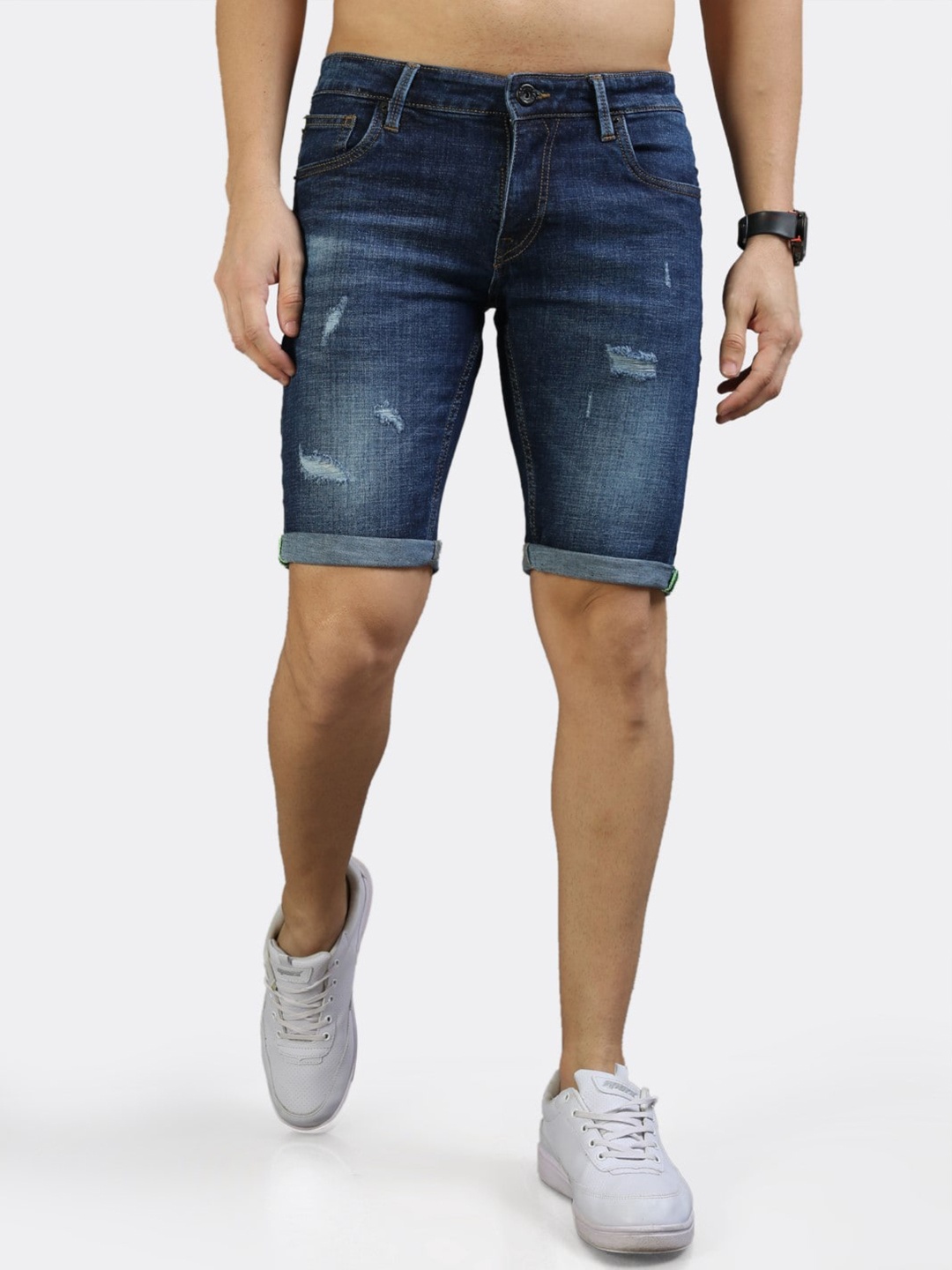 

BADMAASH Men Skinny Fit Washed Distressed Denim Shorts, Blue