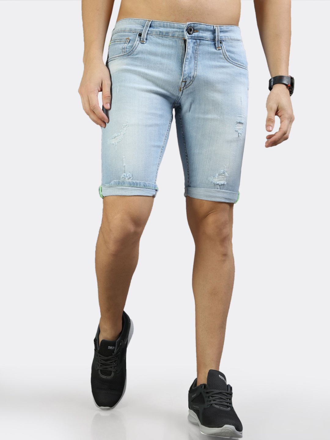 

BADMAASH Men Skinny Fit Washed Distressed Denim Shorts, Blue